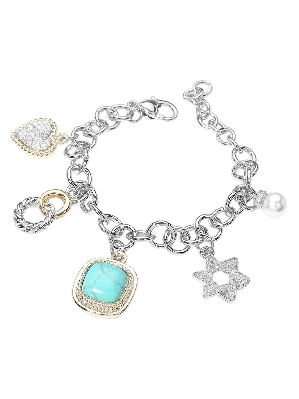 14k Gold Plated CZ Stone Paved Heart Star of David Silver Color Bracelet